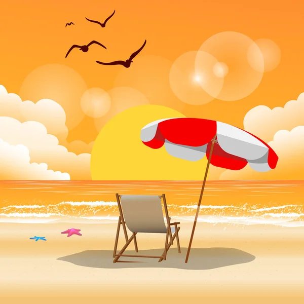 Summer Beach Umbren Beach Chair Фоновое Векторное Изображение Заката — стоковый вектор