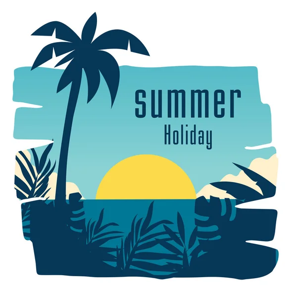 Summer Holiday Sunset Jungle Leaves Coconut Tree Background Vector Image — Stock Vector