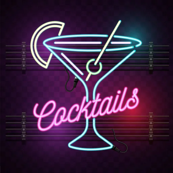 Cocktail Neon Segno Viola Sfondo Immagine Vettoriale — Vettoriale Stock