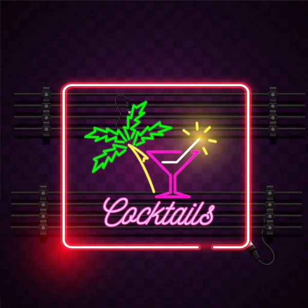 Cocktails Quadratisch Rahmen Leuchtreklame Lila Hintergrund Vektorbild — Stockvektor