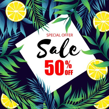 Özel Fırsat Satılık %50 Off orman yaprağı ve limon arka plan vektör görüntü