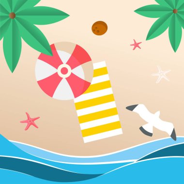 Yaz plaj kırmızı şemsiye plaj Mat martı arka plan vektör görüntü