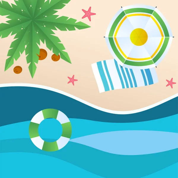 Зелёный Зонтик Пляже Summer Beach Mat Swimming Tire Background Vector — стоковый вектор