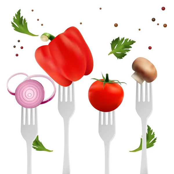 Konzept Der Gesunden Ernährung Obst Und Gemüse Aufgeklebt Auf Gabelvektorbild — Stockvektor
