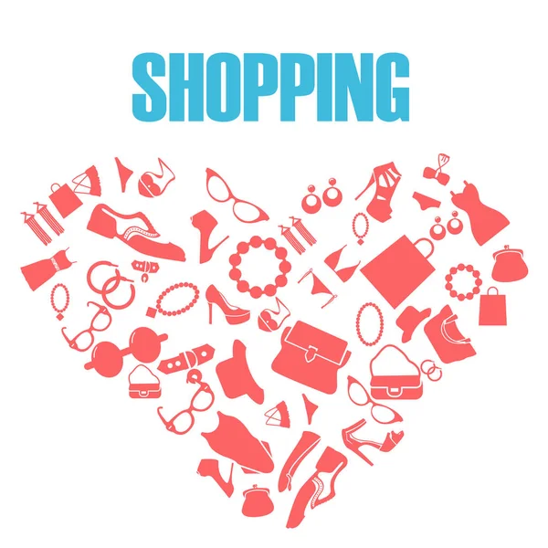 Shopping Kärlek Hjärta Med Uppsättning Kvinnor Mode Vektorbild — Stock vektor