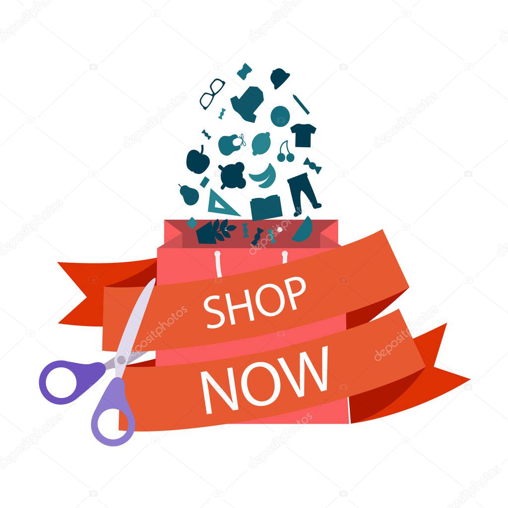 Shop Now Bag Scissors Cutting Red Ribbon Vector Image