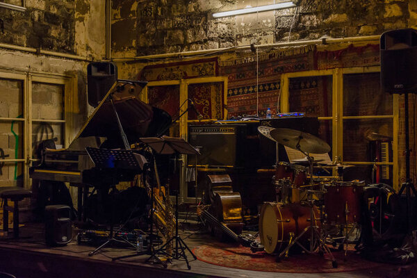 Paris, France, 09.12.2018: Musical instruments of Riccardo Del Fra Le Jazz, La gare