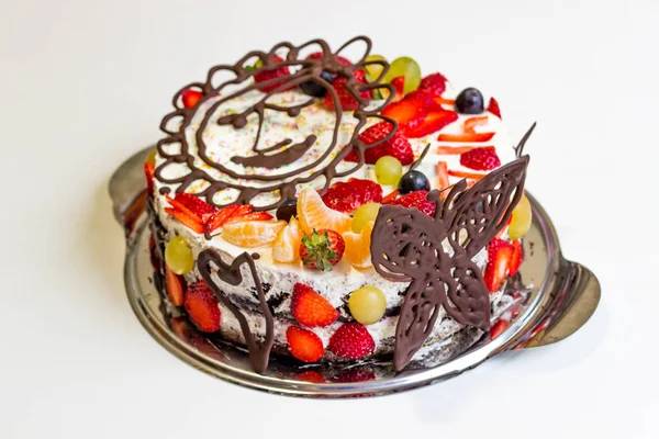 Pastel Chocolate Hecho Casa Con Frutas Abd Crema — Foto de Stock