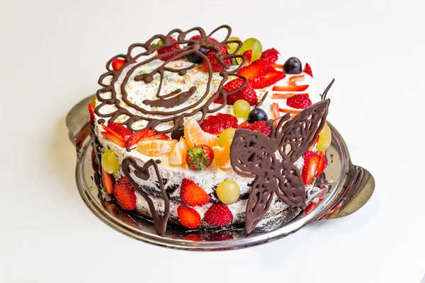 Pastel Chocolate Hecho Casa Con Frutas Abd Crema — Foto de Stock
