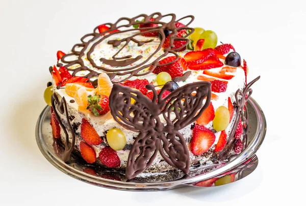 Huisgemaakte Chocoladetaart Met Crème Abd Vruchten — Stockfoto