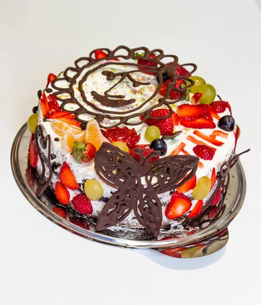 Huisgemaakte Chocoladetaart Met Crème Abd Vruchten — Stockfoto