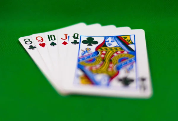 Poker hands: Straight - A hand of five cards in consecutive ranking, that may or may not include and Ace, without regard to suit. The Ace can count as a high or low card. Example: Straight to the Ace