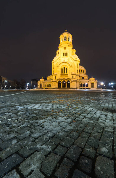 Sofia at night: The St. Alexander Nevsky Cathedral (Bulgarian: - "  ", Hram-pametnik "Sveti Aleksandar Nevski") is a Bulgarian Orthodox cathedral