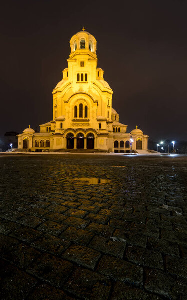 Sofia at night: The St. Alexander Nevsky Cathedral (Bulgarian: - "  ", Hram-pametnik "Sveti Aleksandar Nevski") is a Bulgarian Orthodox cathedral