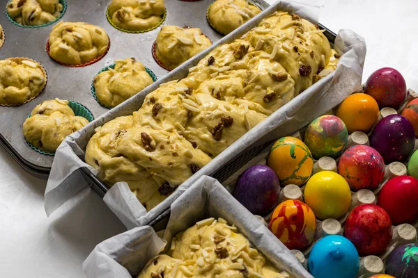 Preparation of home made kozunak (a type of Stollen, or sweet leavened bread, traditional to Romania and Bulgaria)  and Easter eggs