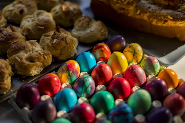 Preparation of home made kozunak (a type of Stollen, or sweet leavened bread, traditional to Romania and Bulgaria)  and Easter eggs