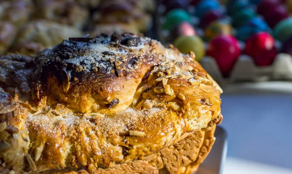 Preparation of home made kozunak (a type of Stollen, or sweet leavened bread, traditional to Romania and Bulgaria)  and Easter eggs