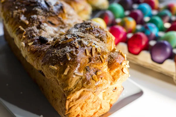 Preparation of home made kozunak (a type of Stollen, or sweet leavened bread, traditional to Romania and Bulgaria)  and Easter eggs