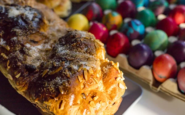 Preparation of home made kozunak (a type of Stollen, or sweet leavened bread, traditional to Romania and Bulgaria)  and Easter eggs