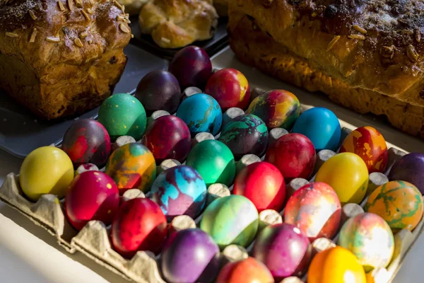 Preparation of home made kozunak (a type of Stollen, or sweet leavened bread, traditional to Romania and Bulgaria)  and Easter eggs