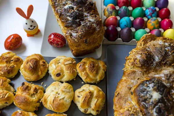 Preparation of home made kozunak (a type of Stollen, or sweet leavened bread, traditional to Romania and Bulgaria)  and Easter eggs