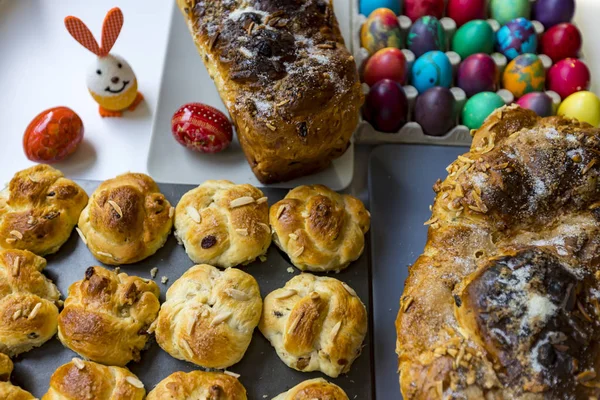 Preparation of home made kozunak (a type of Stollen, or sweet leavened bread, traditional to Romania and Bulgaria)  and Easter eggs