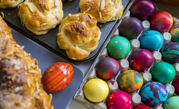 Preparation of home made kozunak (a type of Stollen, or sweet leavened bread, traditional to Romania and Bulgaria)  and Easter eggs