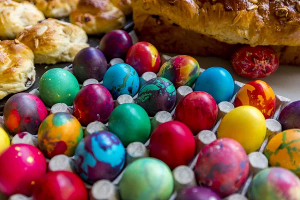 Preparation of home made kozunak (a type of Stollen, or sweet leavened bread, traditional to Romania and Bulgaria)  and Easter eggs