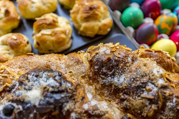 Preparation of home made kozunak (a type of Stollen, or sweet leavened bread, traditional to Romania and Bulgaria)  and Easter eggs