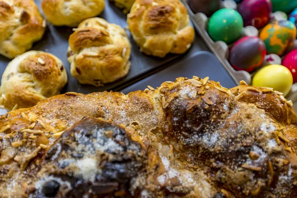 Preparation of home made kozunak (a type of Stollen, or sweet leavened bread, traditional to Romania and Bulgaria)  and Easter eggs