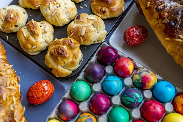 Preparation of home made kozunak (a type of Stollen, or sweet leavened bread, traditional to Romania and Bulgaria)  and Easter eggs