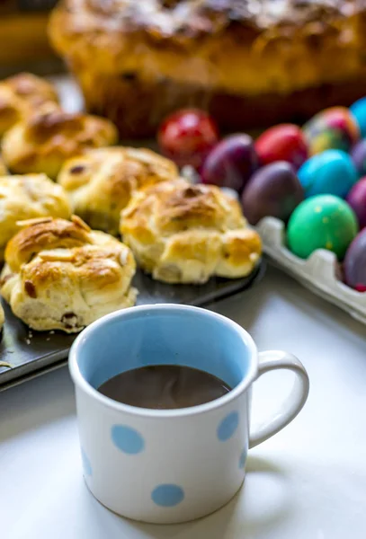 Preparation of home made kozunak (a type of Stollen, or sweet leavened bread, traditional to Romania and Bulgaria)  and Easter eggs