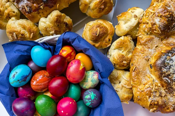 Preparation of home made kozunak (a type of Stollen, or sweet leavened bread, traditional to Romania and Bulgaria)  and Easter eggs