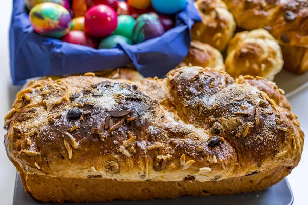 Preparation of home made kozunak (a type of Stollen, or sweet leavened bread, traditional to Romania and Bulgaria)  and Easter eggs