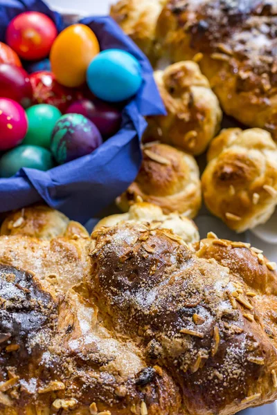 Preparation of home made kozunak (a type of Stollen, or sweet leavened bread, traditional to Romania and Bulgaria)  and Easter eggs