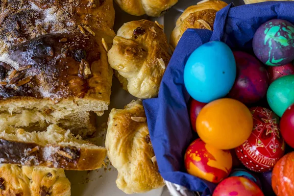 Preparation of home made kozunak (a type of Stollen, or sweet leavened bread, traditional to Romania and Bulgaria)  and Easter eggs