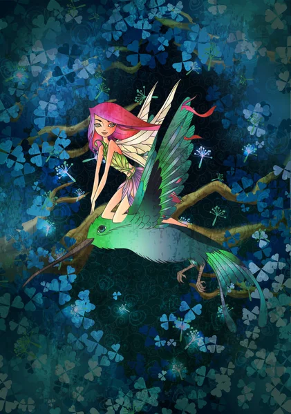 Słodkie Bajki Różowy Długie Włosy Pływające Colibri Tle Magicznym Lesie — Wektor stockowy