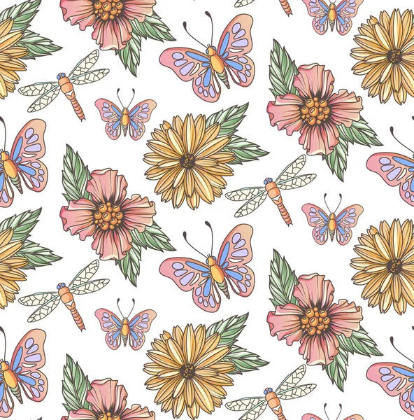 用鲜花和蜻蜓的剪贴簿的无缝纹理 — 图库矢量图片