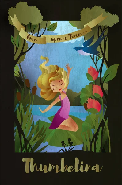 Thumbelina Nilüfer Yaprağı Üzerinde Oturan Faity Masal Karakteri Kitap Kapak — Stok Vektör