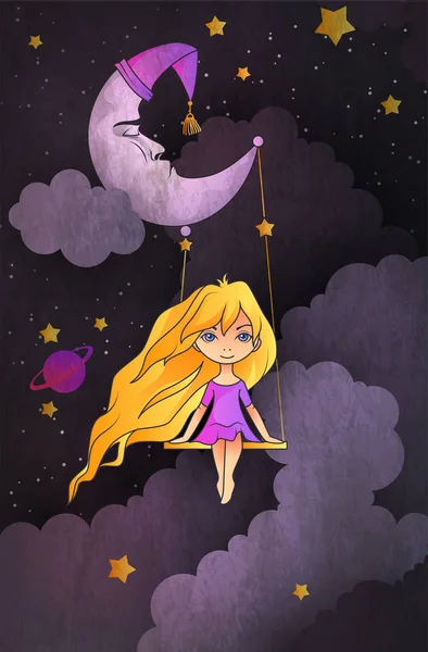 Cute Little Girl Swinging Crescent Front Night Sky Insomnia Concept — Stock Vector