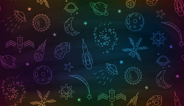 Prostor Doodle Bezešvé Vzor Obrys Prostor Prvky Hvězd Planety Kosmické — Stockový vektor