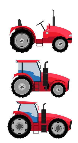 Zestaw Trzech Ciągników Ilustracja Wektorowa Płaski Ciągnika Białym Tle Ciężkich — Wektor stockowy