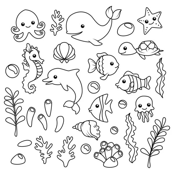Coloring Book Set Isolated Cute Marine Animals Seawweed Corals — Stock Vector