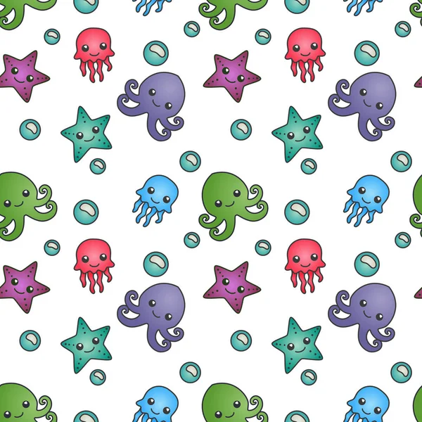 Fondo Vida Marina Inconsútil Pulpo Gracioso Medusa Estrella Mar — Vector de stock