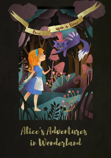 Ragazza Gatto Fronte Alla Foresta Iscrizione Alice Adwentures Wonderland Copertina — Vettoriale Stock