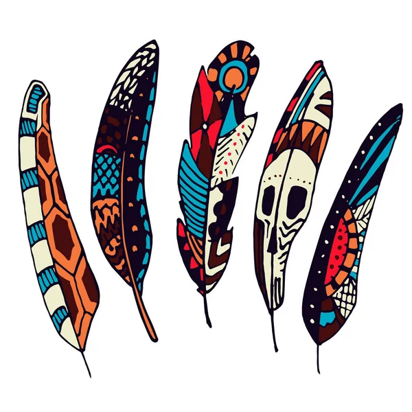 カラフルな手のセットには 民族の羽が描かれています 華やかな落書きクイルズ ヴィンテージの装飾的な要素 — ストックベクタ