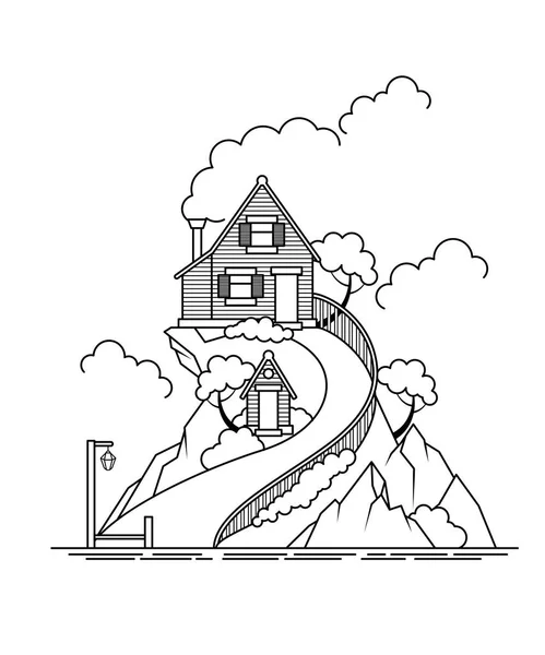 Lonenly Log House Sull Isola Stile Piatto Paesaggio Illustrazione — Vettoriale Stock