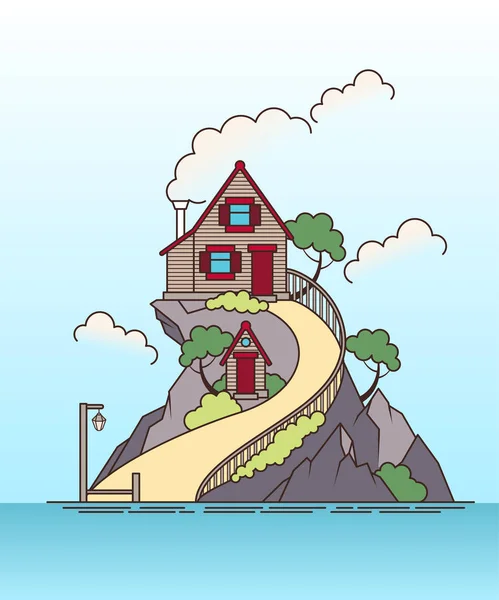 Maison Rondins Solitaire Sur Île Illustration Paysage Style Plat — Image vectorielle