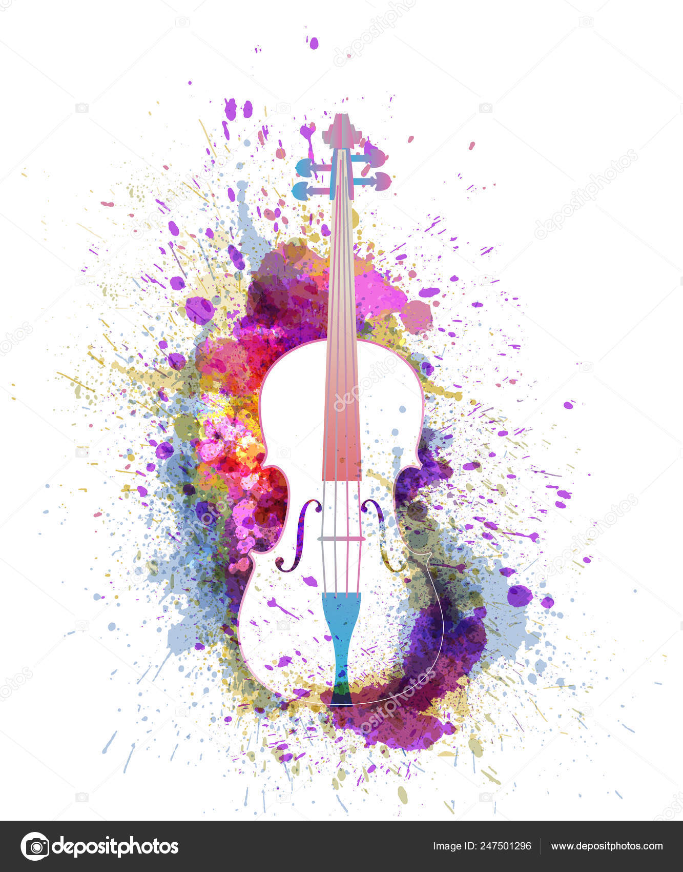 White cello or violin with bright colorful splashes. Creative music