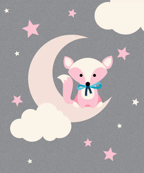 Cute fox with tie sitting on the crescent in front of stars and clouds. Vector illustration — Stock Vector